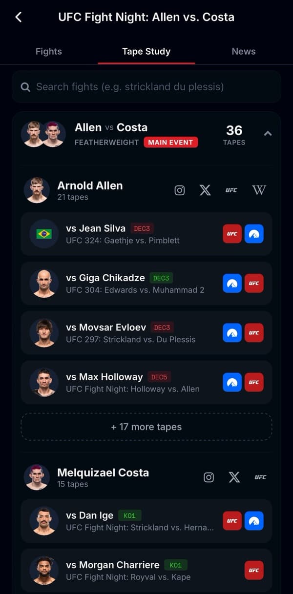 FightOdds tape study screen on iPhone