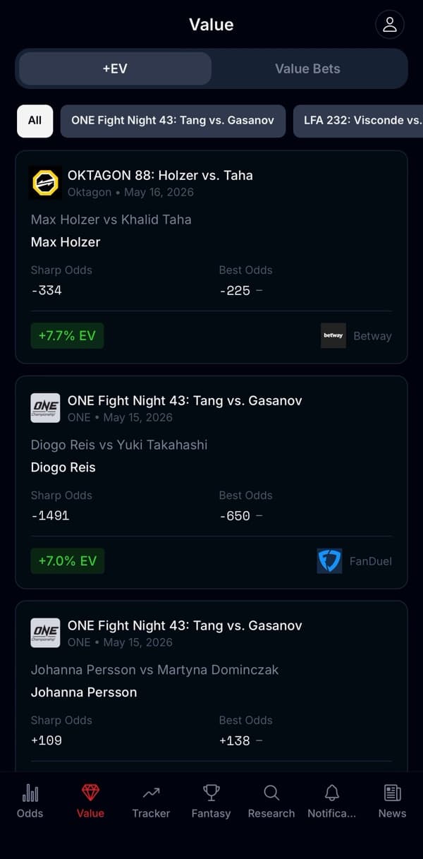 FightOdds +EV value bets screen on iPhone